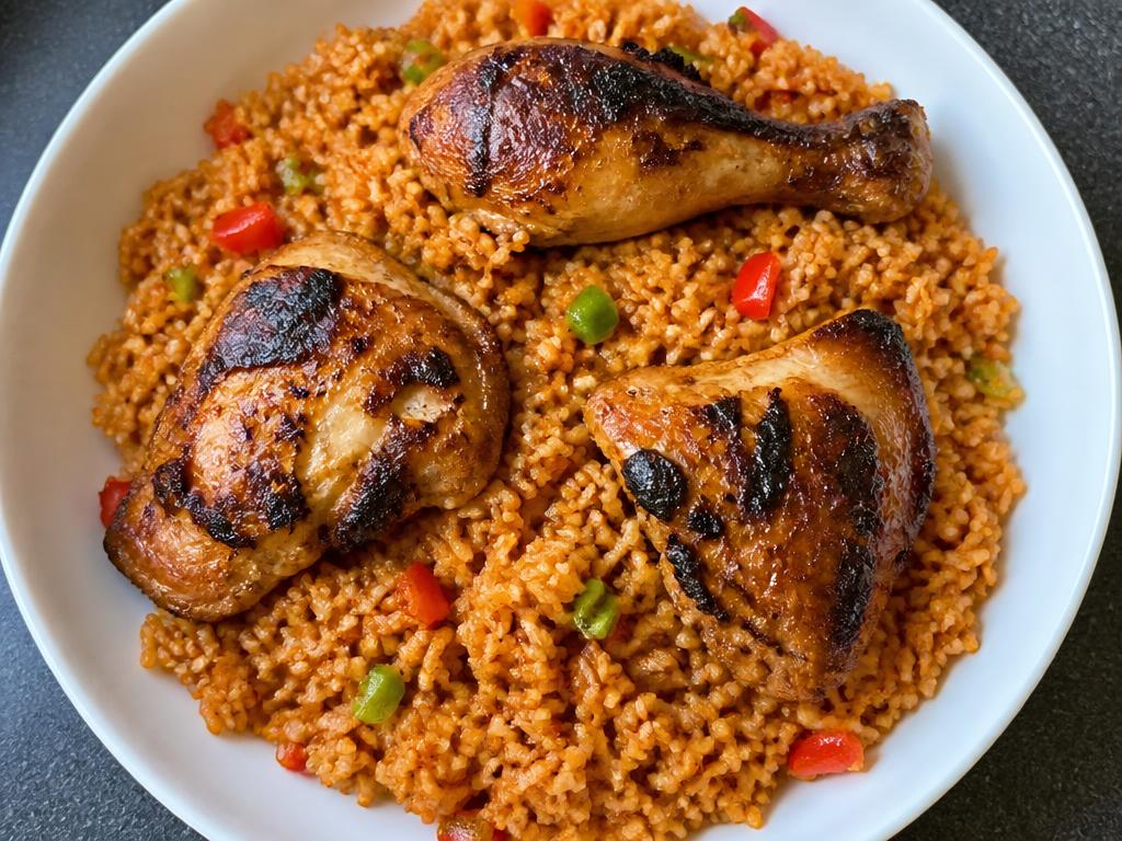 Plate of Nigerian brown rice jollof with cooked chicken and sliced vegetables