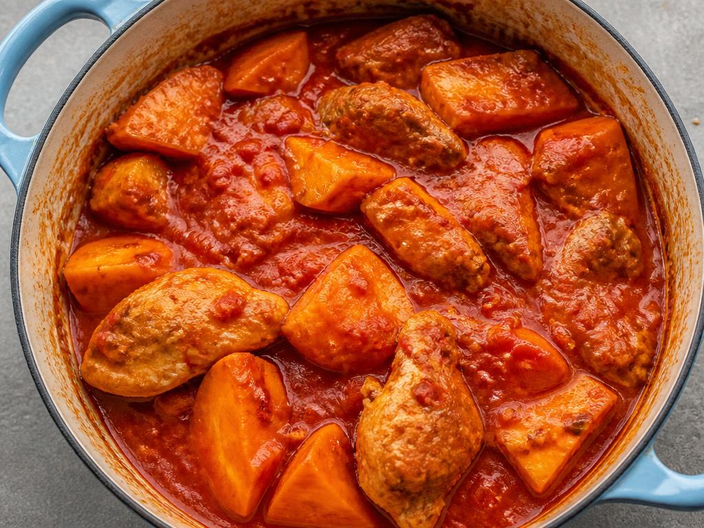 Bowl of Nigerian chicken and sweet potato stew in tomato pepper sauce