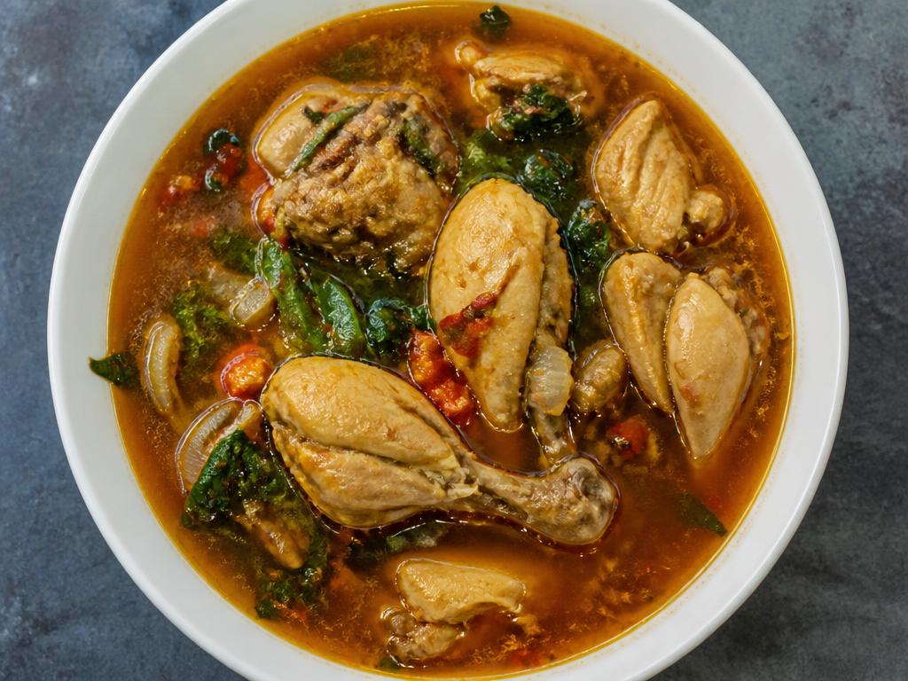 Bowl of Nigerian chicken pepper soup with vegetables