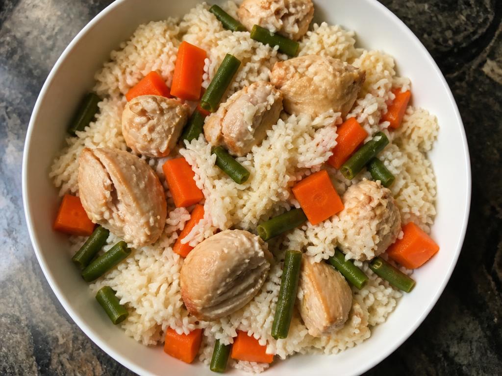 Bowl of cooked chicken with white rice and mixed vegetables