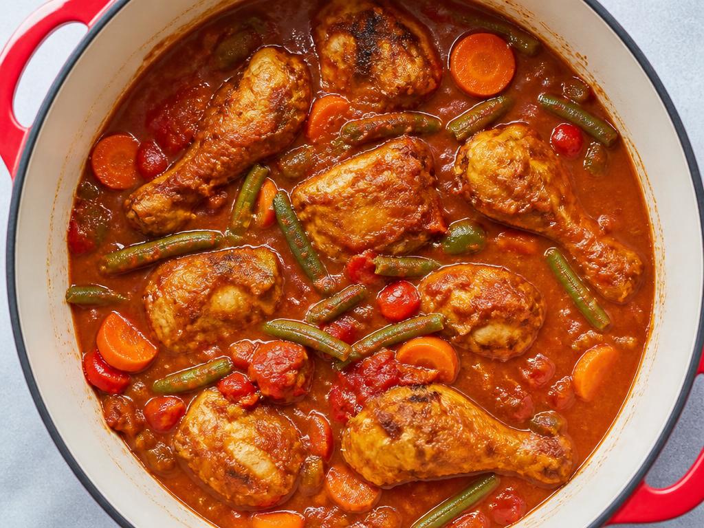 Pot of Nigerian chicken stew with mixed vegetables