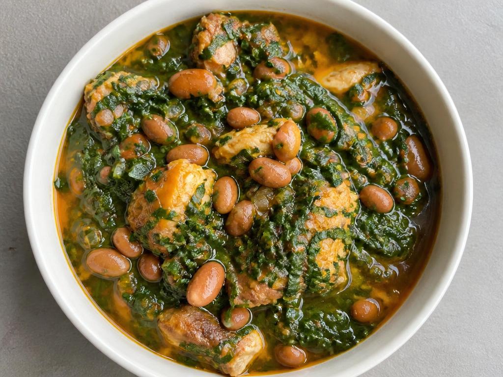 Pot of Nigerian chicken, bean and ugu soup