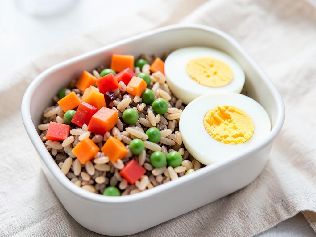 Lunch box of Nigerian vegetable rice with a cooked egg