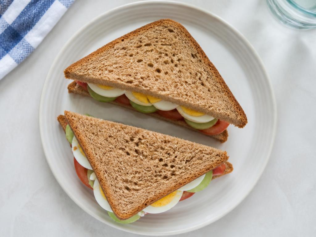 Wholemeal bread sandwich with cooked egg, tomato and vegetables on a plate