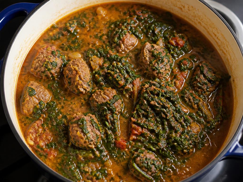 Pot of Nigerian beef stew with ugu leaves and tomatoes
