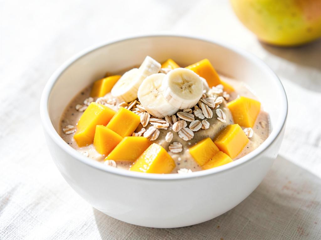 Bowl of blended mango and banana topped with oats and fruit