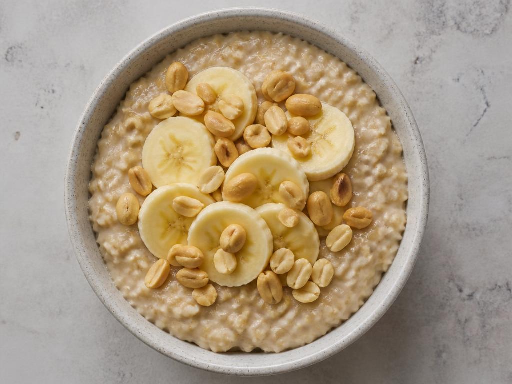 Bowl of oat porridge topped with sliced banana, groundnuts and orange segments