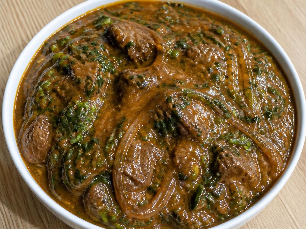 Bowl of Nigerian ogbono soup with lean beef and spinach