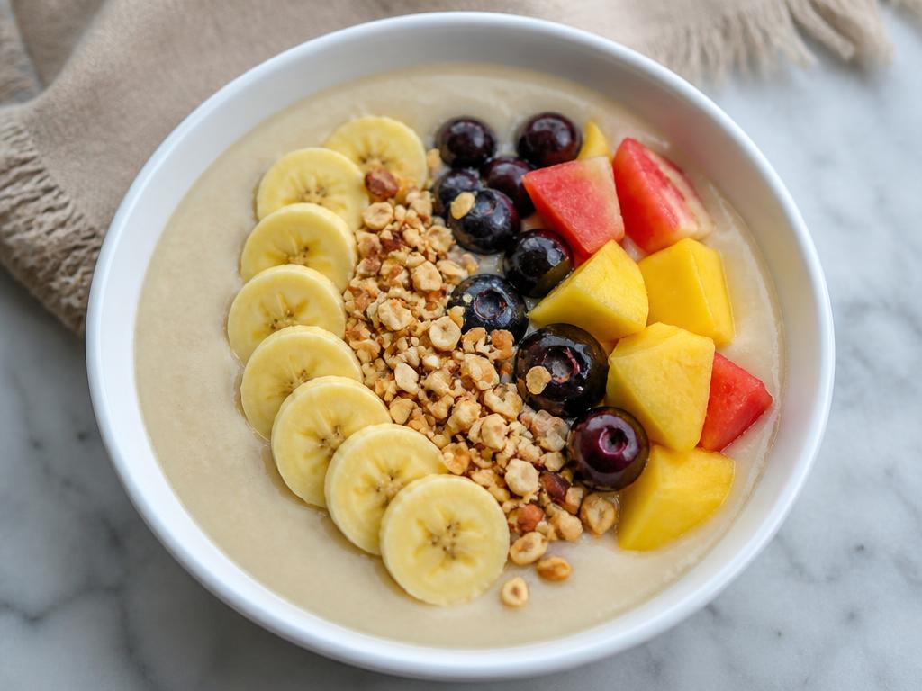Bowl of Nigerian pap topped with sliced banana, groundnuts and fresh pawpaw