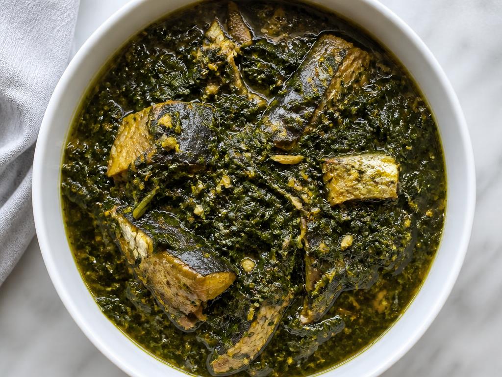 Pot of Nigerian afang soup with green leaves and pieces of cooked fish