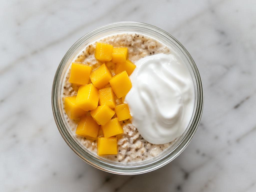 Jar of overnight oats topped with diced mango