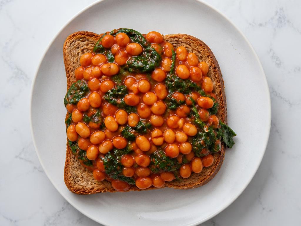 Wholemeal toast topped with mashed beans, tomato and spinach