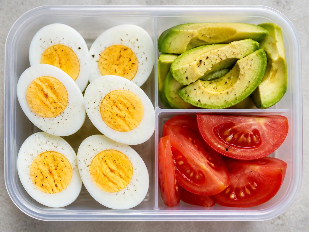 Pregnancy snack box of firmly boiled egg halves with avocado, tomato and cucumber