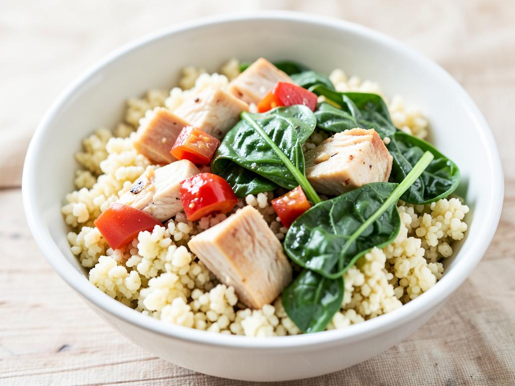 Bowl of couscous with cooked chicken, tomato and spinach