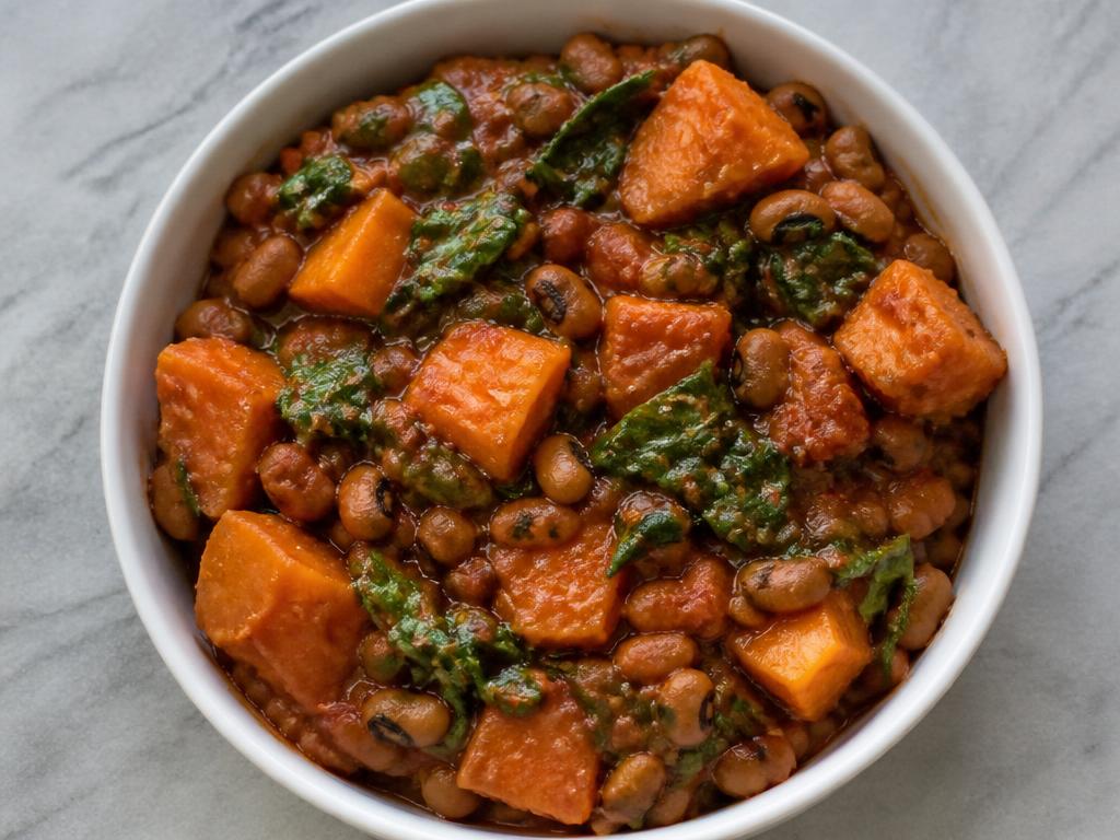 Bowl of sweet potato cubes with brown beans and spinach in tomato sauce