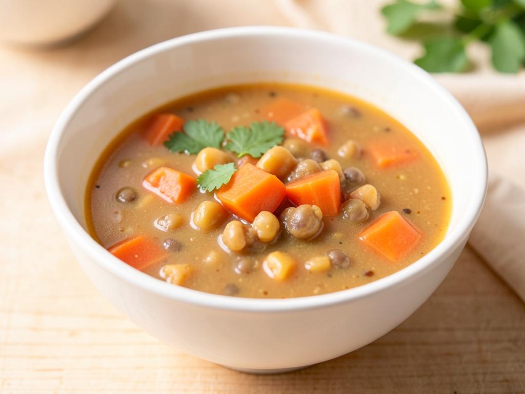 Bowl of Nigerian sweet potato and lentil soup with vegetables