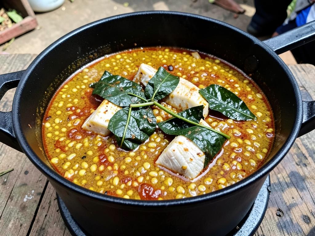 Pot of Nigerian egusi soup with green leaves and pieces of cooked fish