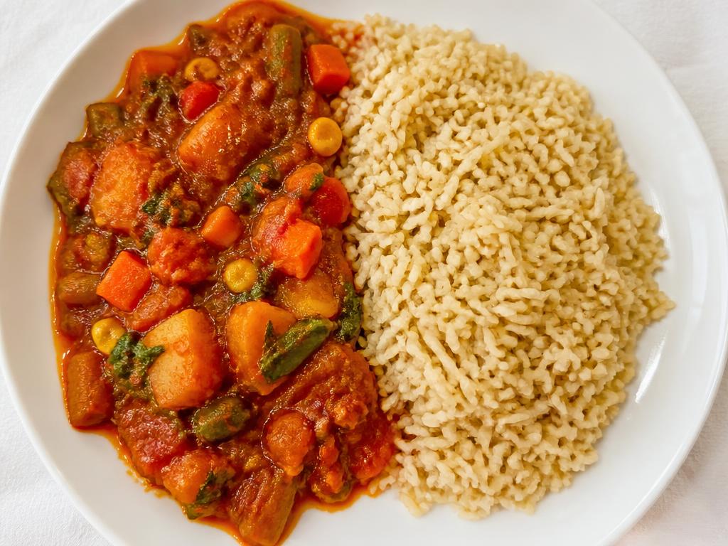 Nigerian vegetable stew served with brown rice