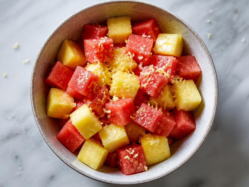 Bowl of watermelon and pineapple chunks with grated ginger and lime