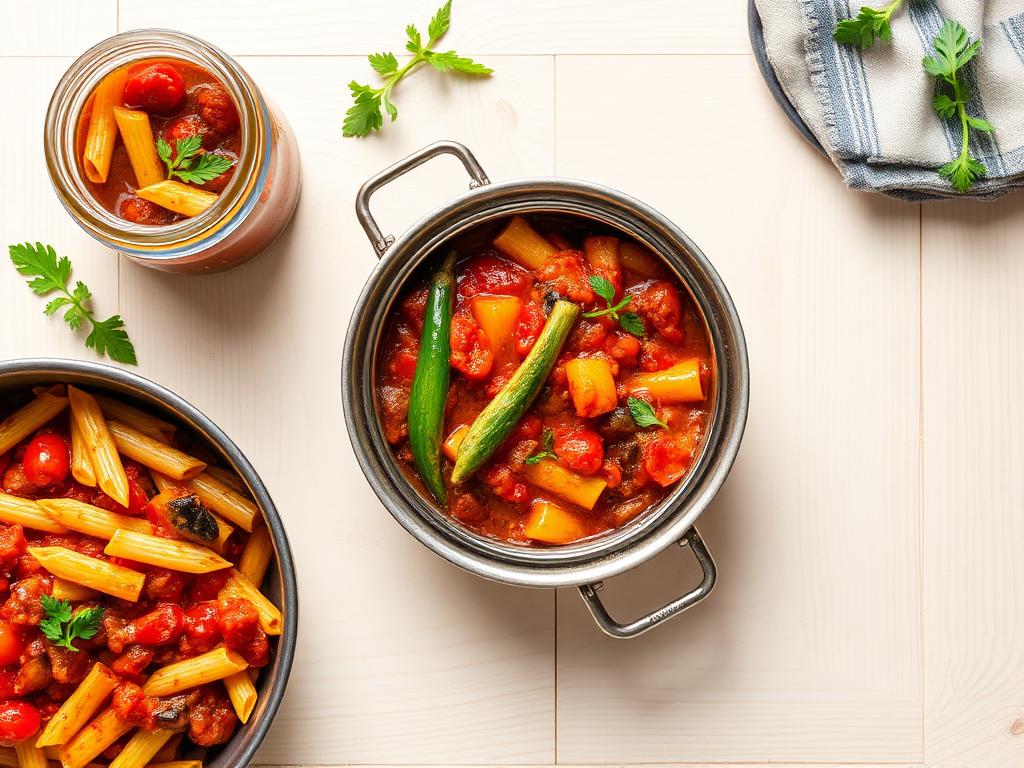 Roasted vegetable and tomato pasta sauce served and ready to eat