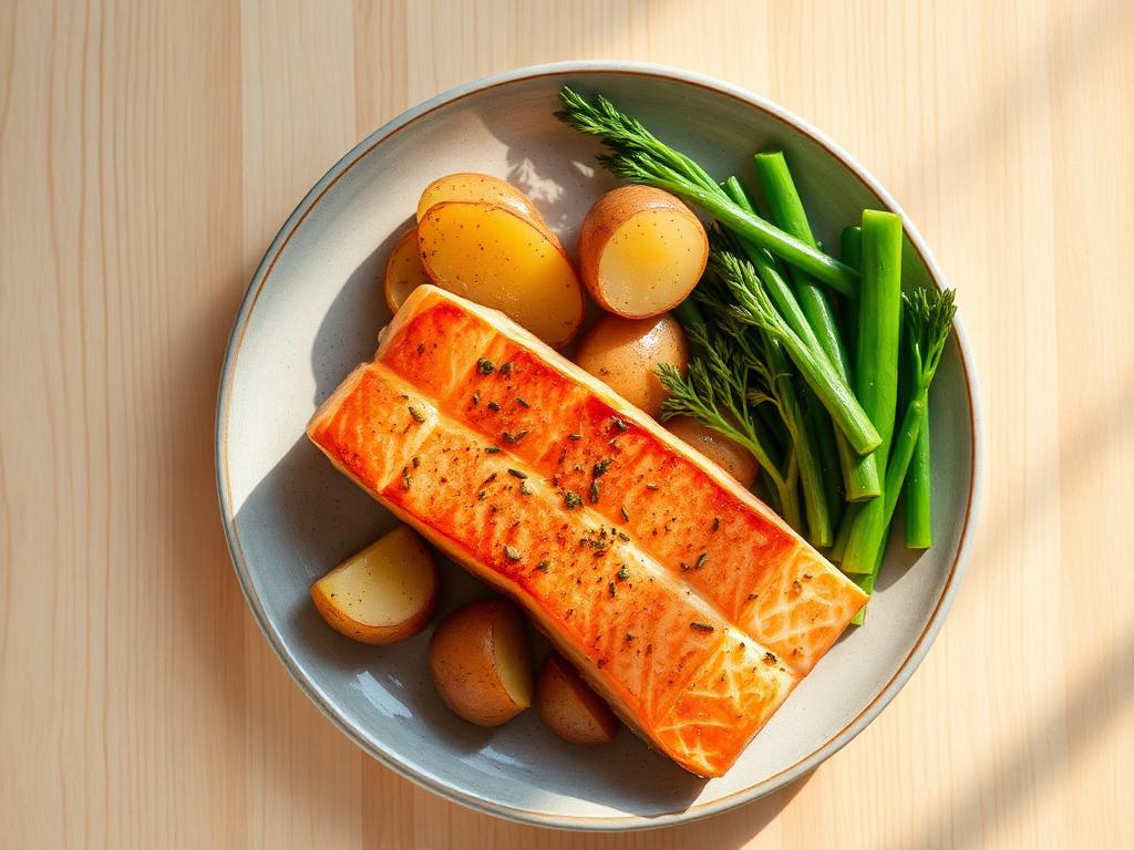 Salmon fillets with new potatoes and greens served and ready to eat