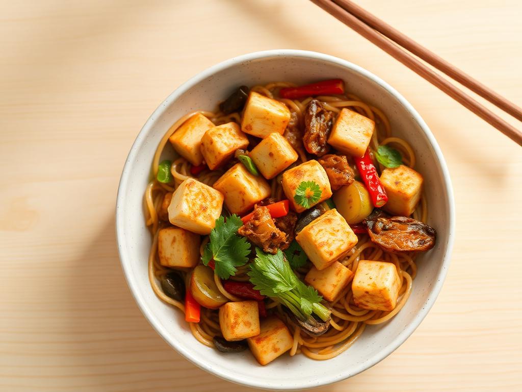 Tofu stir-fry with noodles served and ready to eat