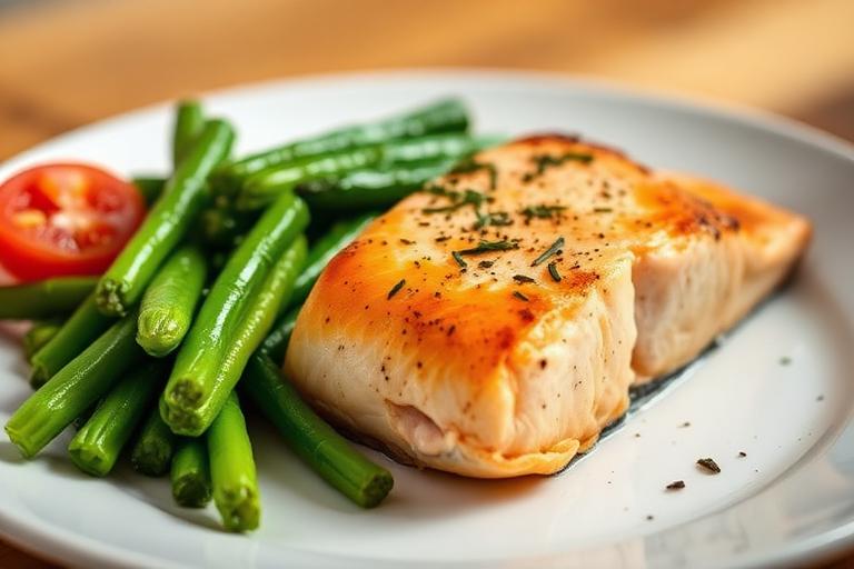 Baked salmon with new potatoes and greens served and ready to eat