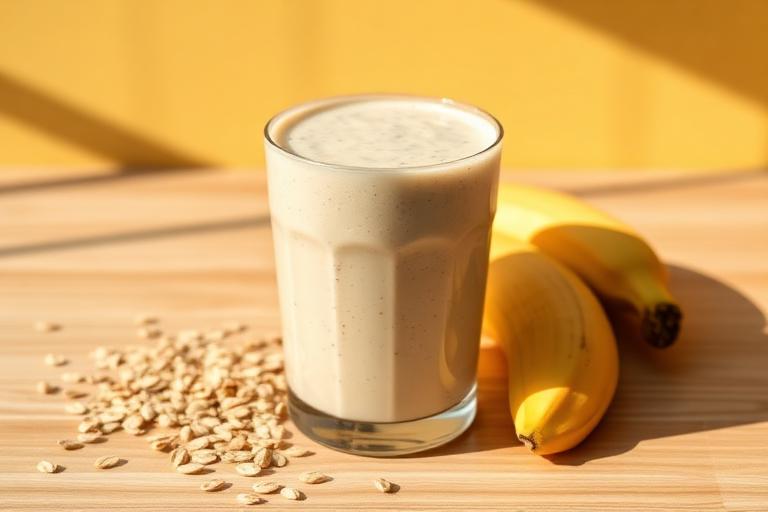Banana, oat and milk smoothie served and ready to eat