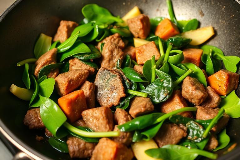 Lean beef and spinach stir-fry served and ready to eat