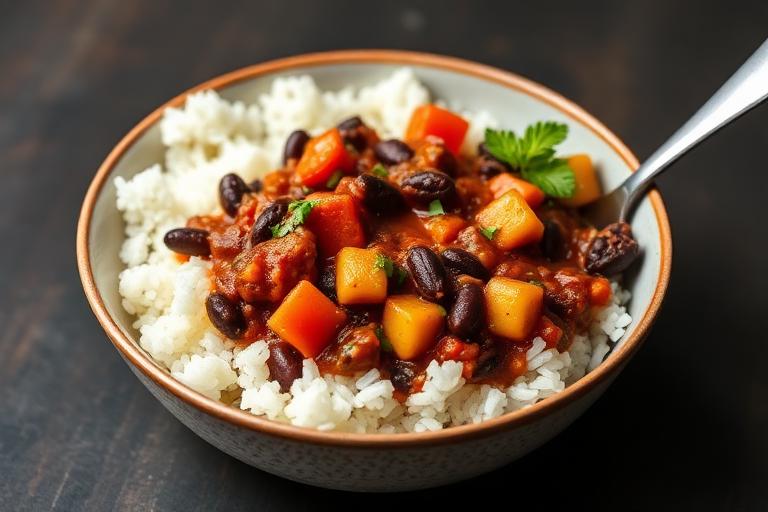 Black bean and vegetable chilli served and ready to eat