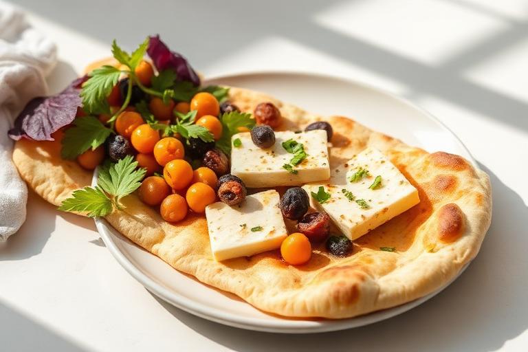 Chickpea and halloumi flatbread served and ready to eat