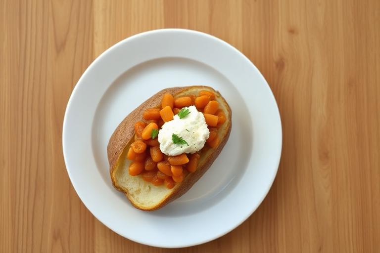 Jacket potato with cottage cheese and baked beans served and ready to eat