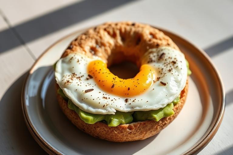 Egg and avocado wholemeal bagel served and ready to eat