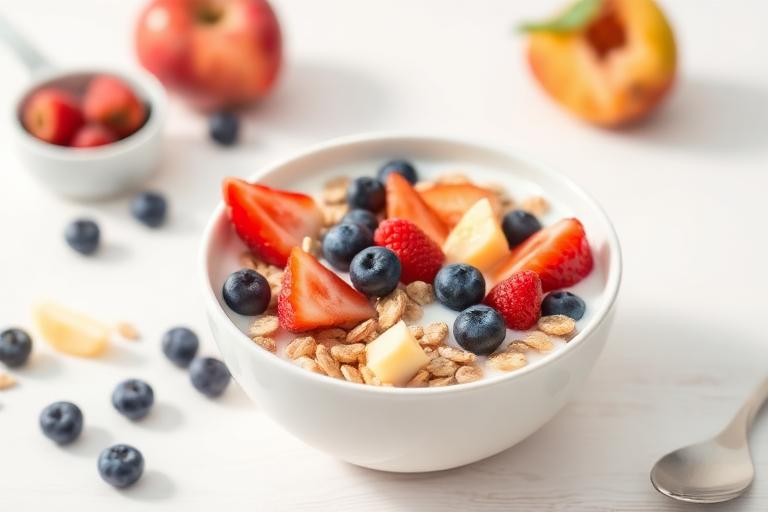 Fortified wholegrain cereal with fruit served and ready to eat
