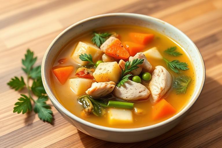 Gentle chicken and vegetable soup served and ready to eat