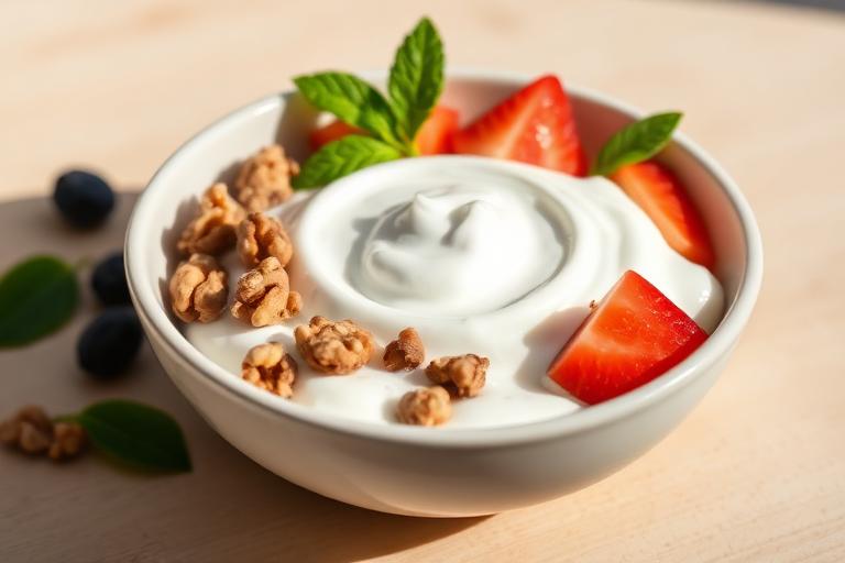 Greek yoghurt with walnuts and fruit served and ready to eat