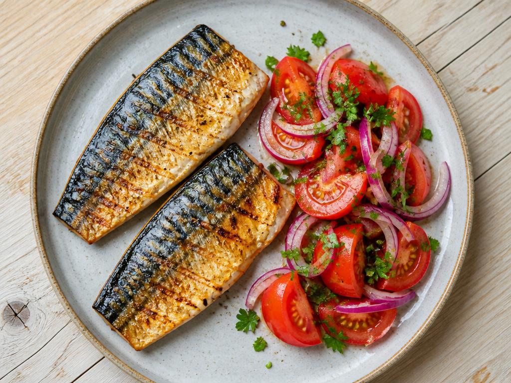 Grilled mackerel with tomato and bean salad served and ready to eat