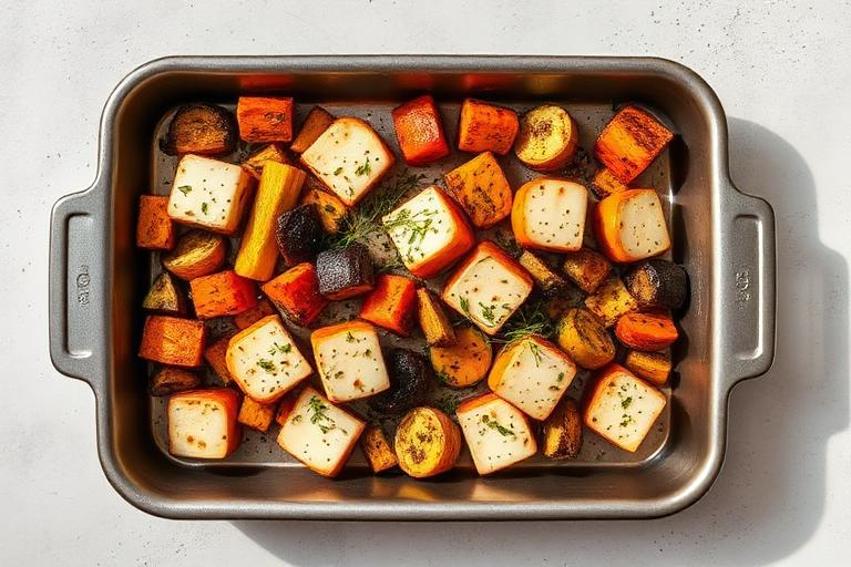 Halloumi and Mediterranean vegetable traybake served and ready to eat