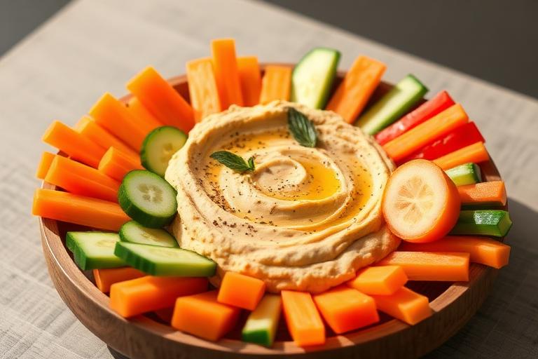 Hummus with vegetable sticks served and ready to eat