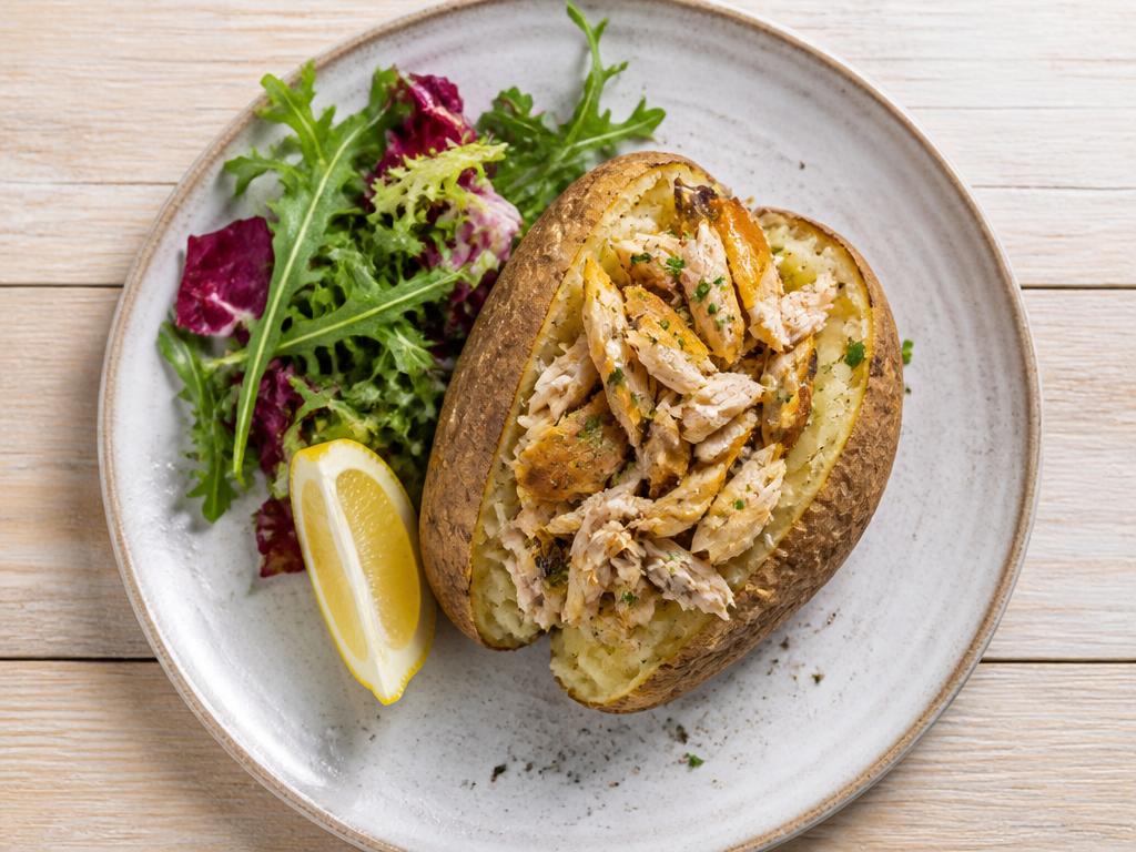 Jacket potato with mackerel and yoghurt slaw served and ready to eat