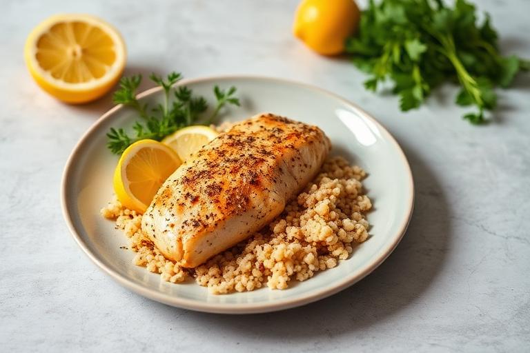 Lemon chicken with wholegrain couscous served and ready to eat