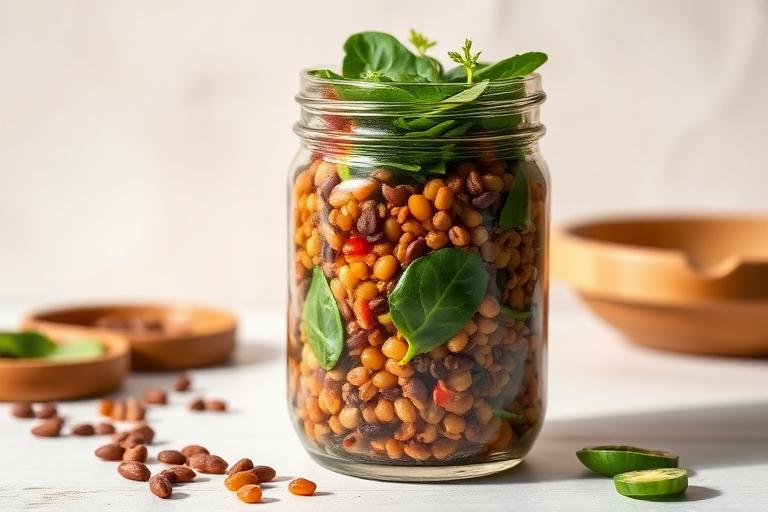 Lentil and spinach salad jar served and ready to eat