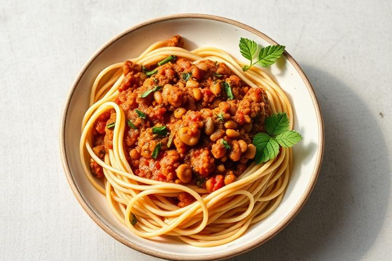 Lentil and vegetable bolognese served and ready to eat