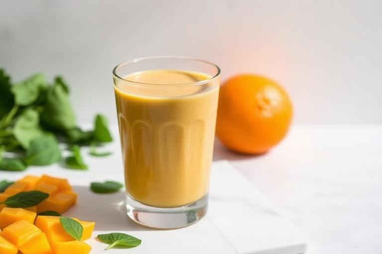 Mango, spinach and orange smoothie served and ready to eat