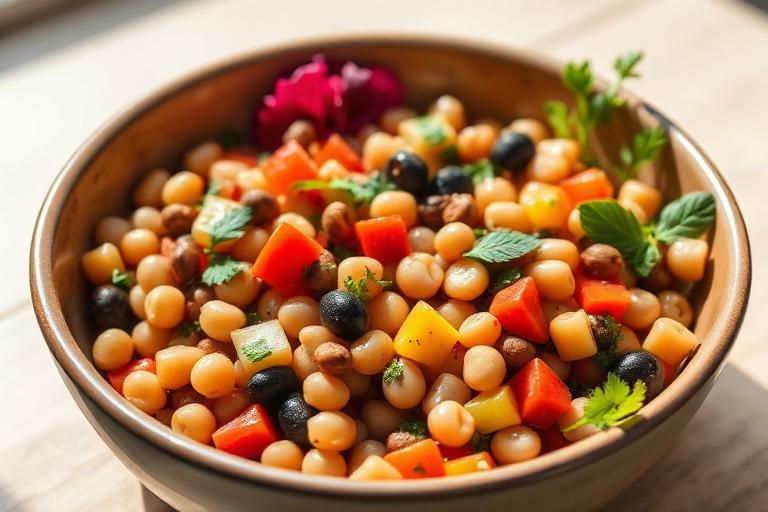 Mediterranean bean and vegetable bowl served and ready to eat