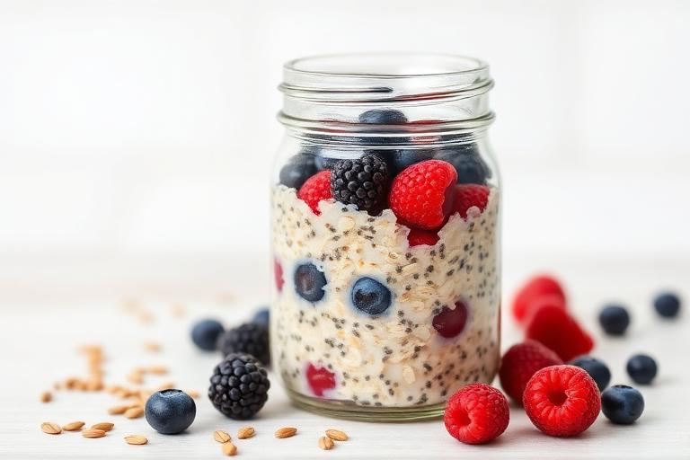 Overnight oats with chia and berries served and ready to eat