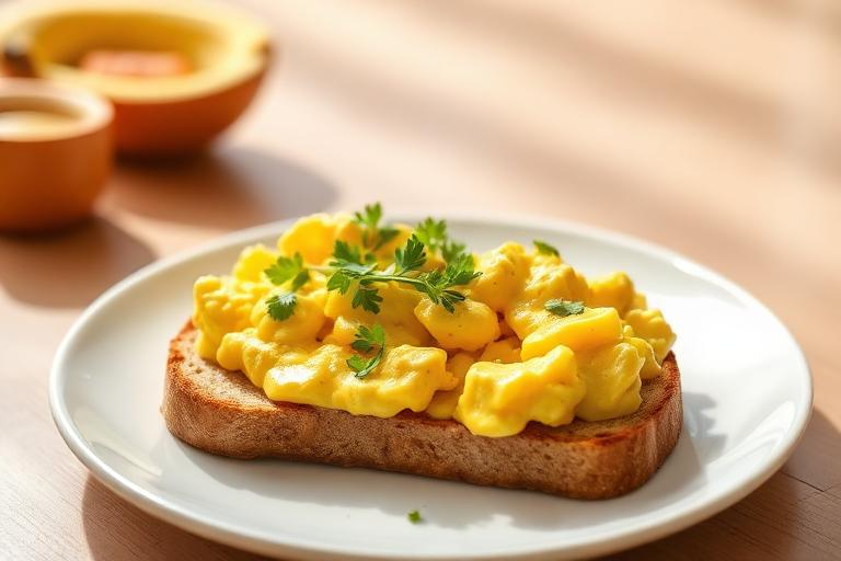Scrambled eggs on wholemeal toast served and ready to eat
