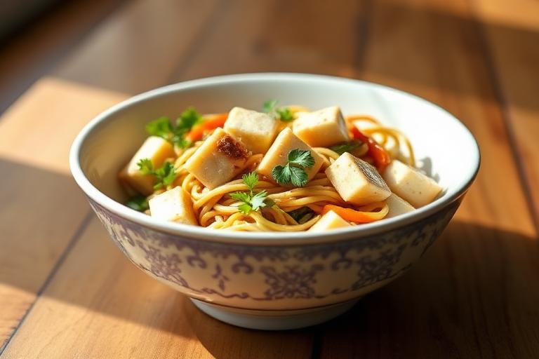 Tofu and vegetable noodles served and ready to eat