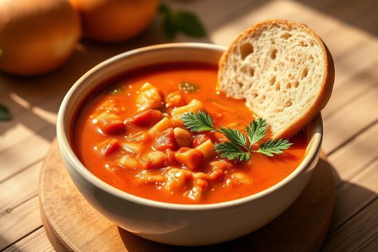 Tomato and bean soup served and ready to eat