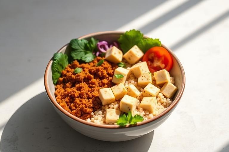 Vegan buddha bowl with marinated tofu served and ready to eat